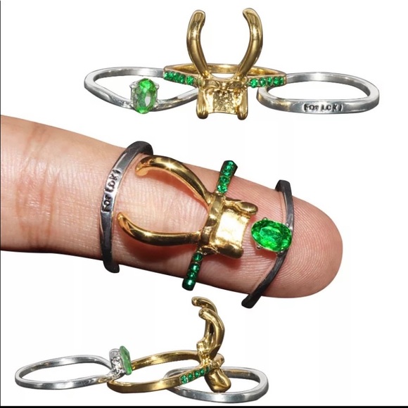 Loki rings 3 pc set new green silver gold rhinestone love Loki horns - Picture 3 of 14